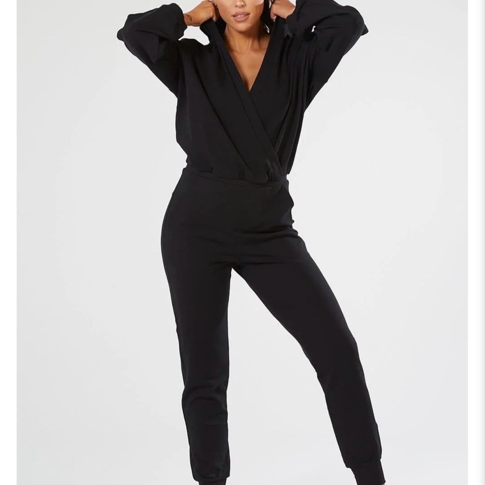 NAMA Women Black Hooded Wrap Front Fleece Jumpsuit Jogger Loungewear Size Medium